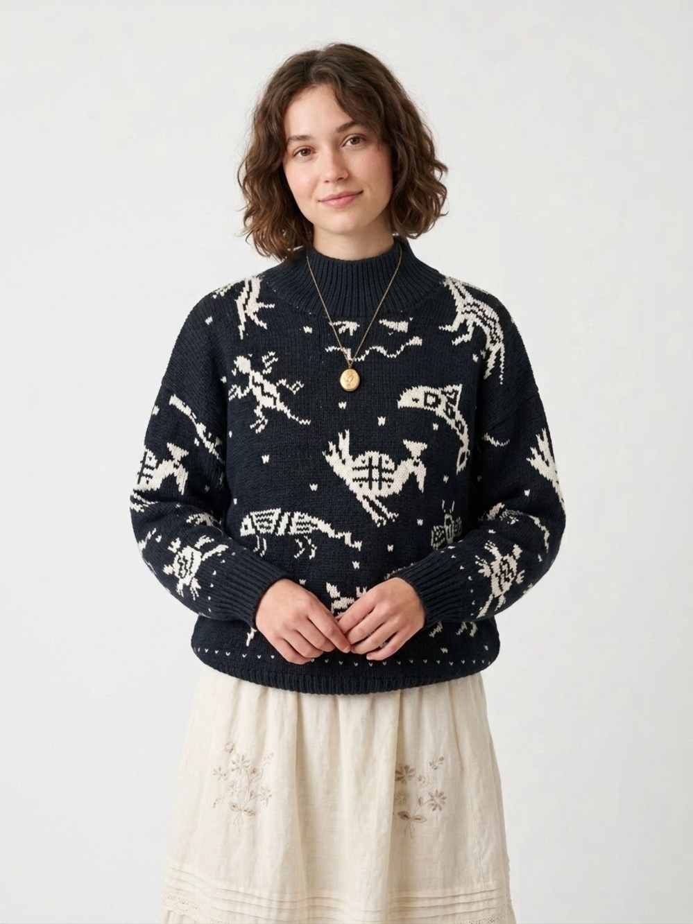 Vintage Chunky Knit Funnel Neck Sweater Aztec Animal Kitchy Cottage Fisherman